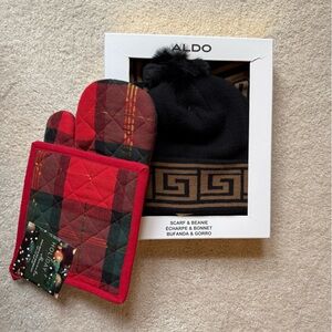 Set of Hat and Scarf with a Plaid Red & Green Oven Mitt and Potholder Set